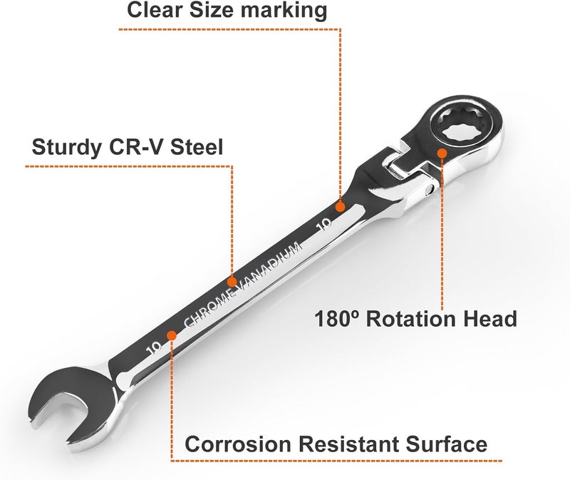 Egofine 10mm Ratchet Wrench Flex Head, Ratcheting Combination Wrench Metric, Industrial Grade Gear Spanner with 12 Point Box End, 72-Teeth Ratchet, Chrome Vanadium Steel - Image 2
